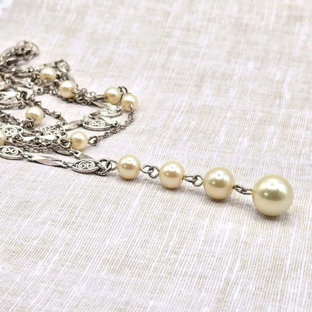 Vintage Style Silver Tone Multi Strand Glass Faux Pearl Y-Drop Filigree Necklace